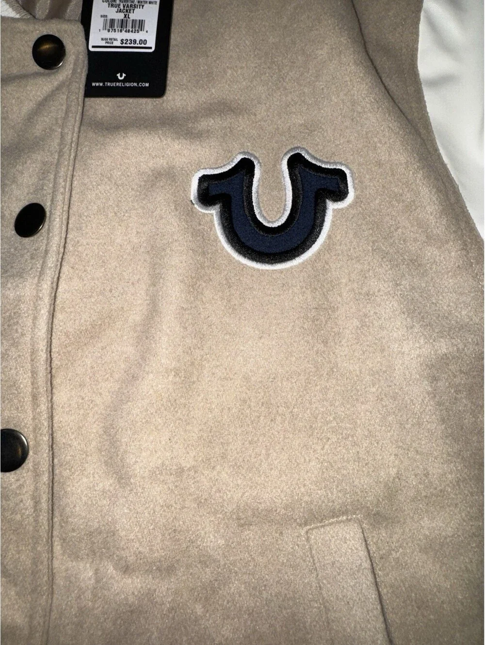 True Religion True Varsity Jacket XL Tan Beige White Snap Button Logo NEW $239
